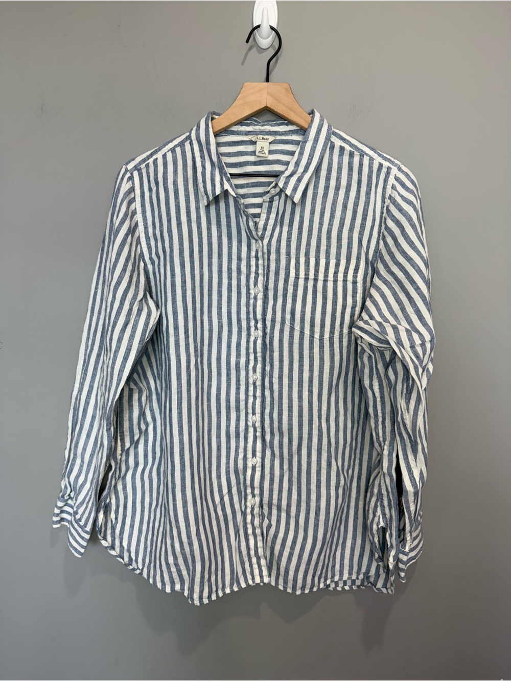 L.L.Bean 100% Linen Blue White Stripe Button Down Shirt Coastal Size 1X